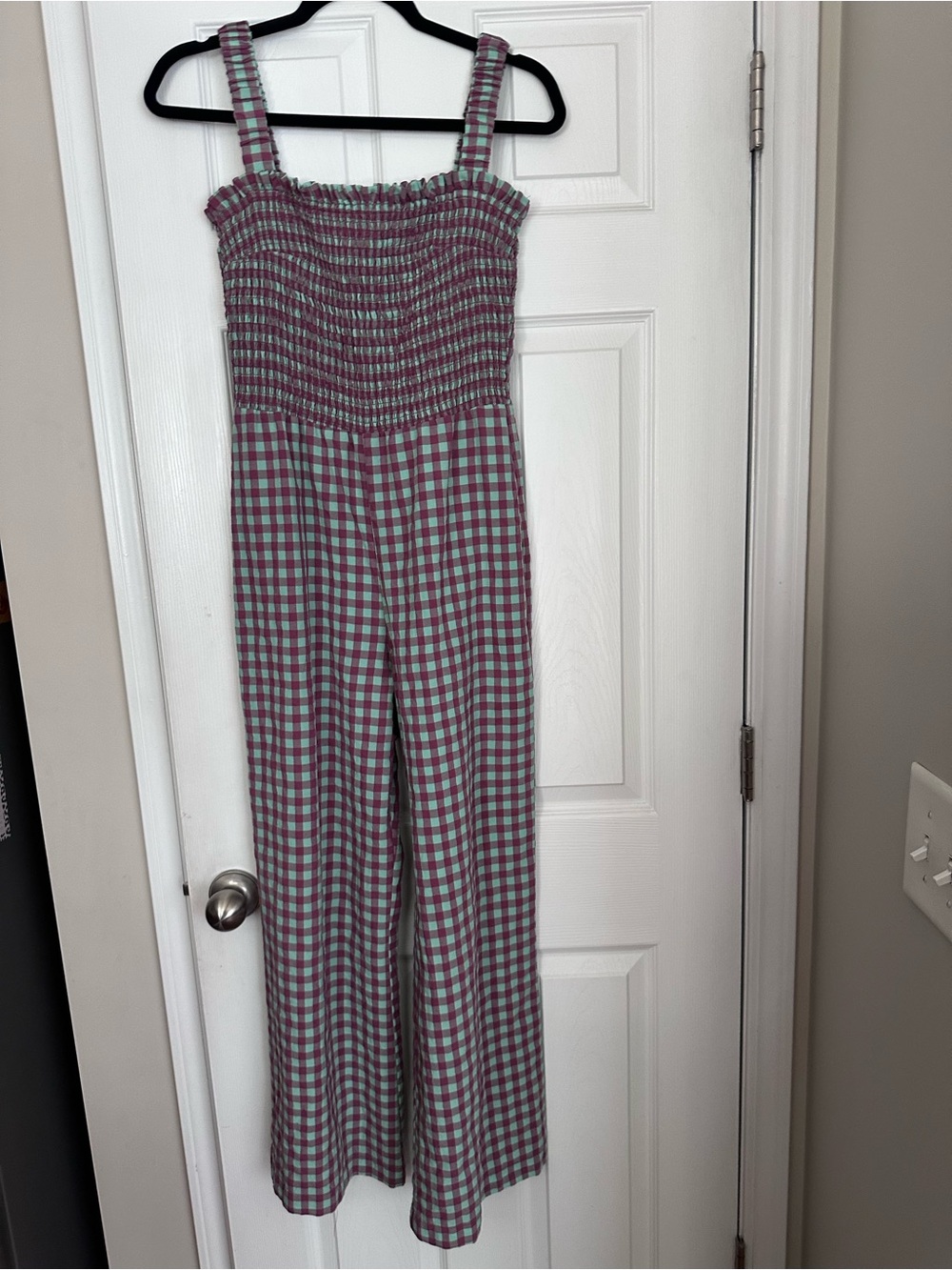 Find Me Now Smocked Gingham Wide-Leg Jumpsuit - Dark Mauve & Sage Green